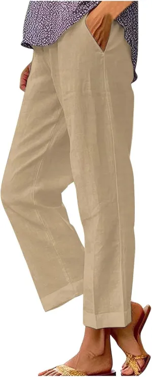 Linen Pants Women Wide Leg Dress Pants Casual Elastic Waisted Women's Linen Blend Beach Pants Loose Fit