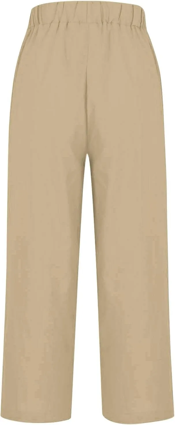 Linen Pants Women Wide Leg Dress Pants Casual Elastic Waisted Women's Linen Blend Beach Pants Loose Fit