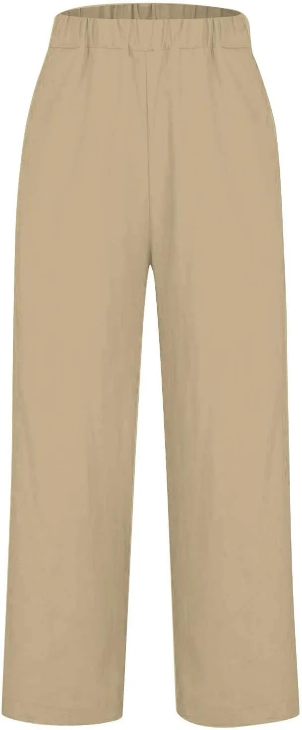 Linen Pants Women Wide Leg Dress Pants Casual Elastic Waisted Women's Linen Blend Beach Pants Loose Fit