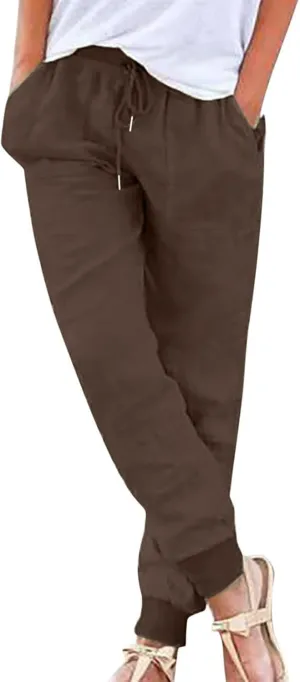 Linen Straight Leg Pants for Women 2025 Summer Work Trousers with Pockets Drawstring High Waisted Pants Casual Linen Pants