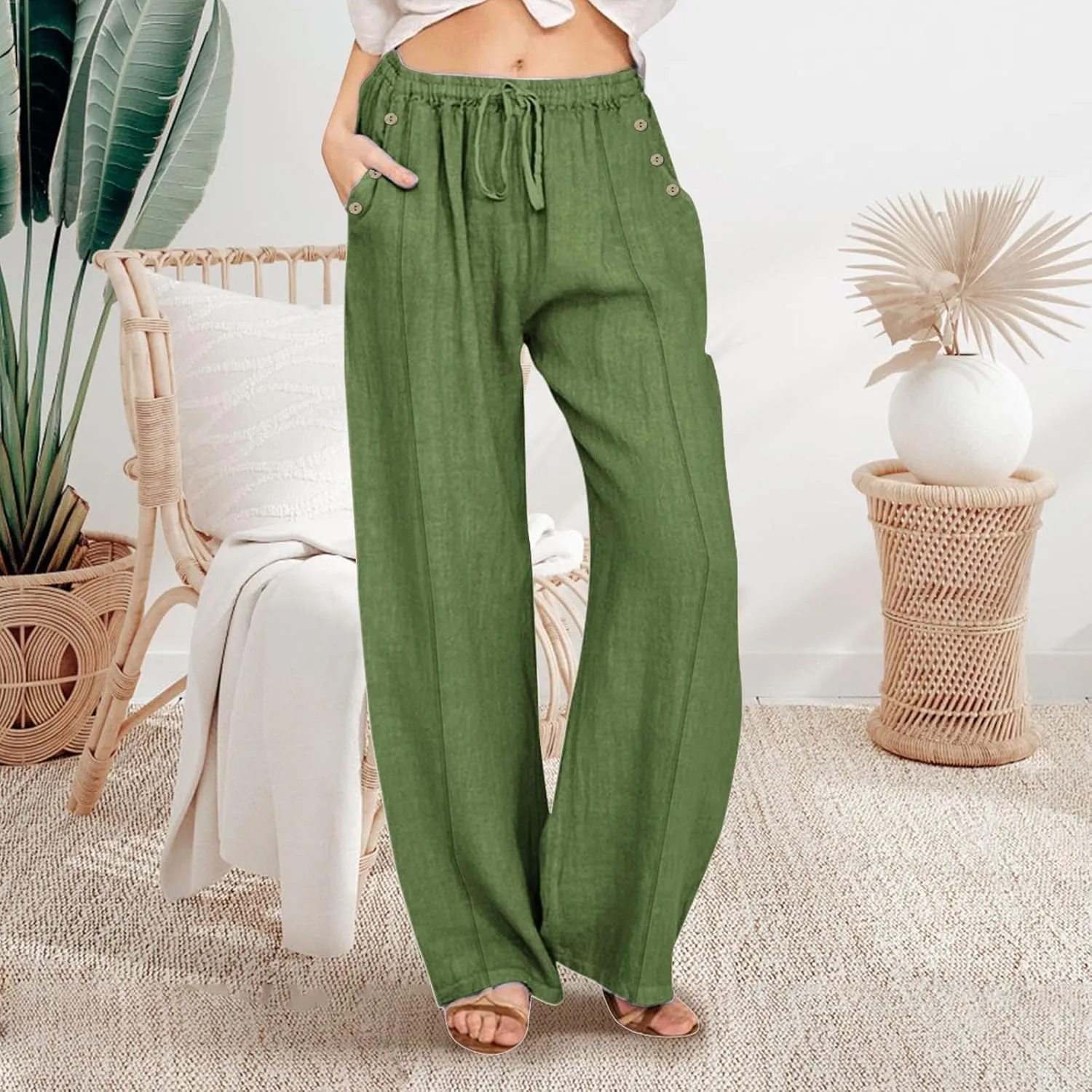 Linen Summer Pants for Women 2025 Trendy Casual High Waist Palazzo Drawstring Trousers Lounge Loose Pants