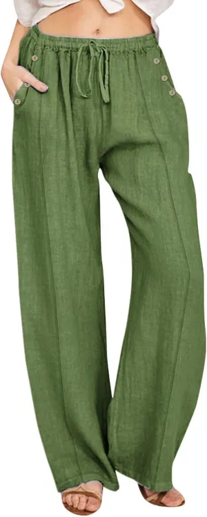 Linen Summer Pants for Women 2025 Trendy Casual High Waist Palazzo Drawstring Trousers Lounge Loose Pants