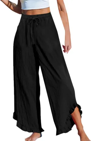 Linen Wide Leg Palazzo Pants for Women 2025 Summer Ruffle Hem Smocked Elastic Waist Flowy Pants Beach Lounge Trousers