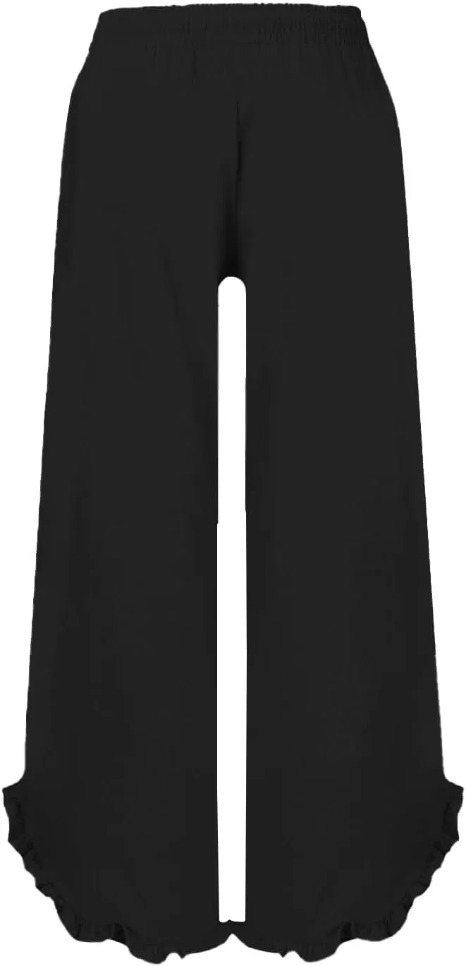 Linen Wide Leg Palazzo Pants for Women 2025 Summer Ruffle Hem Smocked Elastic Waist Flowy Pants Beach Lounge Trousers