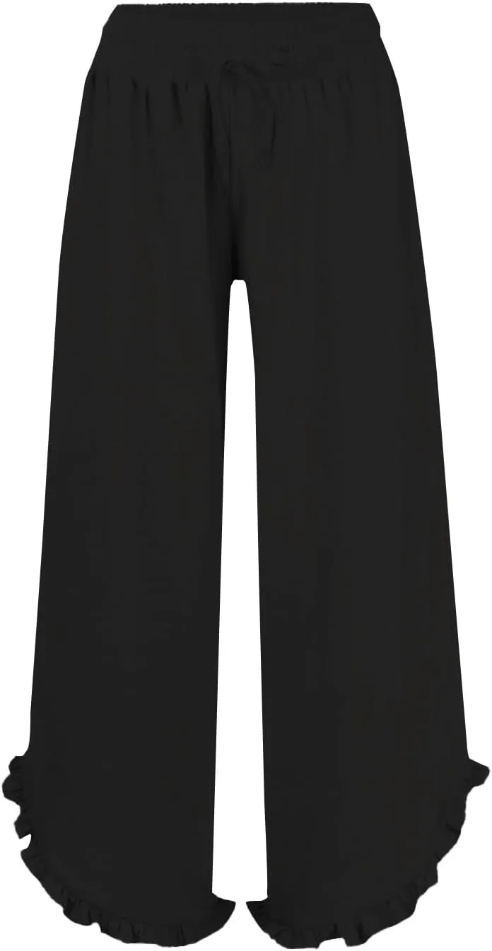 Linen Wide Leg Palazzo Pants for Women 2025 Summer Ruffle Hem Smocked Elastic Waist Flowy Pants Beach Lounge Trousers