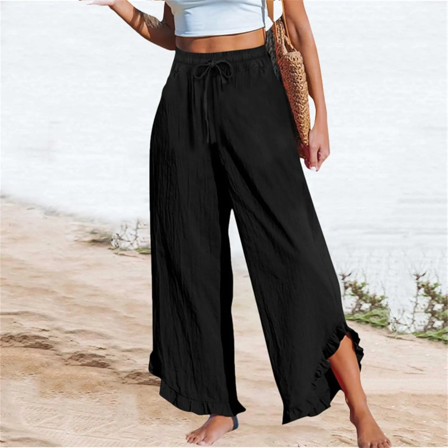 Linen Wide Leg Palazzo Pants for Women 2025 Summer Ruffle Hem Smocked Elastic Waist Flowy Pants Beach Lounge Trousers