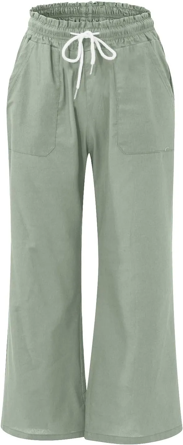 Linen Wide Leg Pants for Women Casual Summer Elastic Waist Loose Fit Beach Pants Comfy Flowy Lounge Pant with Pockets