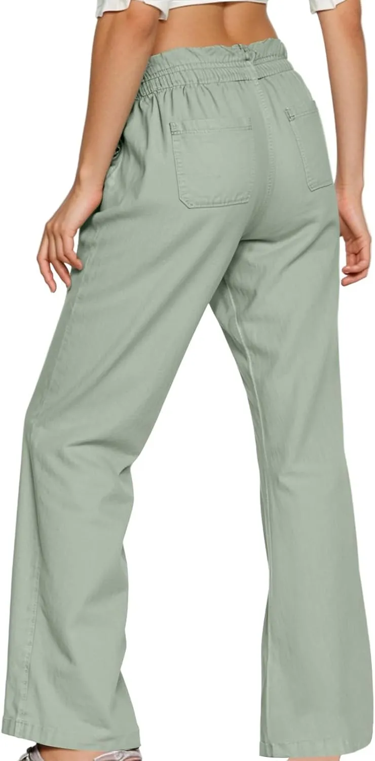 Linen Wide Leg Pants for Women Casual Summer Elastic Waist Loose Fit Beach Pants Comfy Flowy Lounge Pant with Pockets