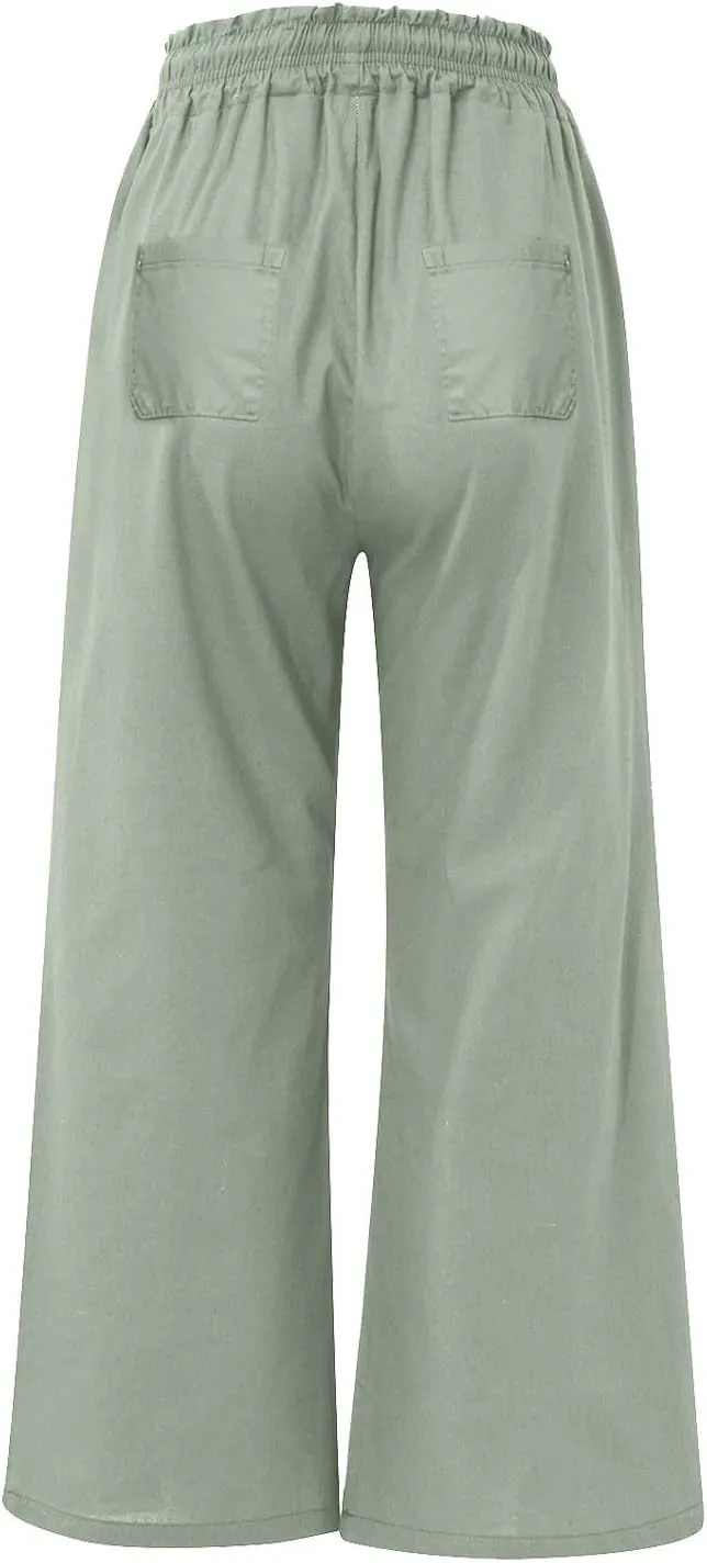 Linen Wide Leg Pants for Women Casual Summer Elastic Waist Loose Fit Beach Pants Comfy Flowy Lounge Pant with Pockets
