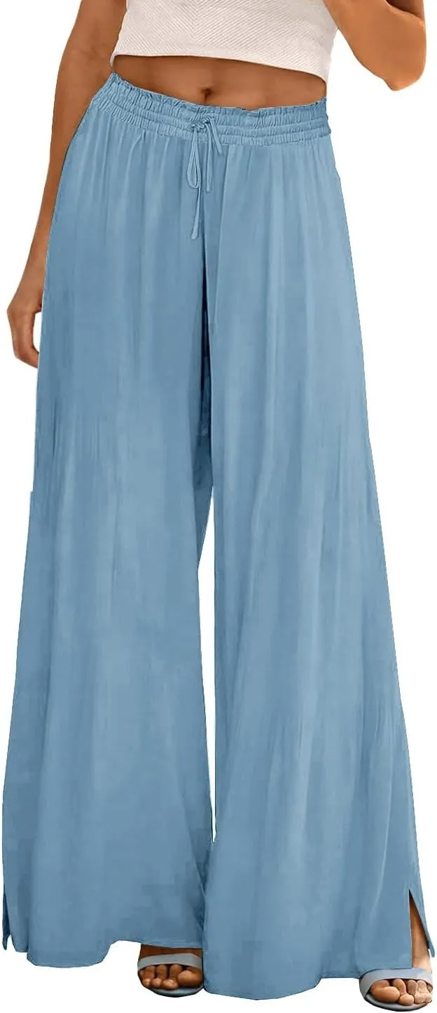 Linen Wide Leg Pants for Women Stretch Smocked High Waisted Ruffle Hem Palazzo Pants 2025 Summer Loose Beach Pants