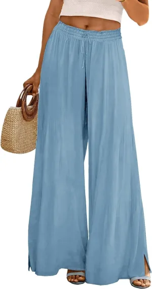 Linen Wide Leg Pants for Women Stretch Smocked High Waisted Ruffle Hem Palazzo Pants 2025 Summer Loose Beach Pants
