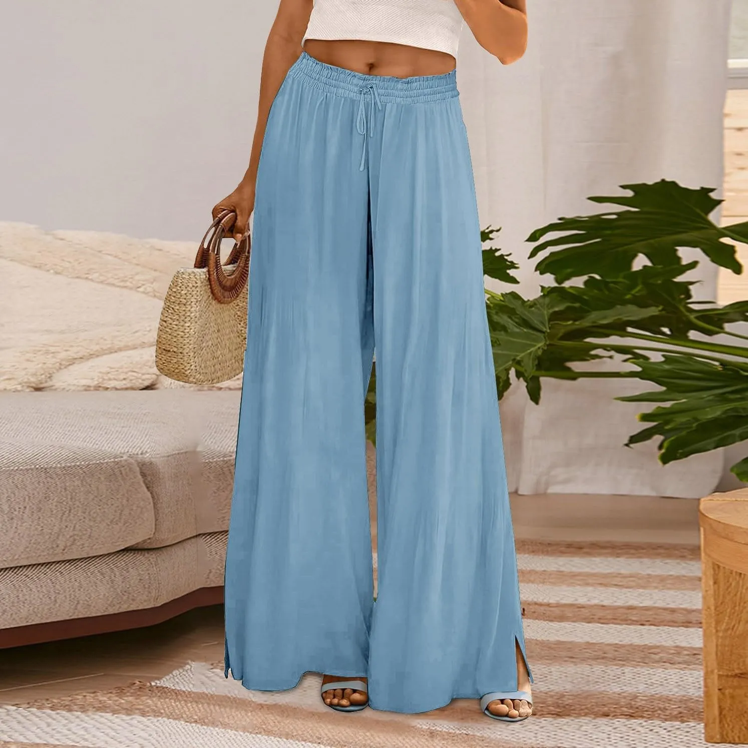 Linen Wide Leg Pants for Women Stretch Smocked High Waisted Ruffle Hem Palazzo Pants 2025 Summer Loose Beach Pants