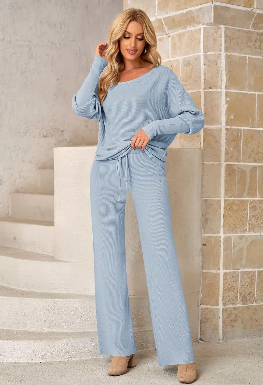 Linsery Women 2 Piece Sweater Sets High Neck Knitted Pullover Wide Leg Casual Sweatsuit