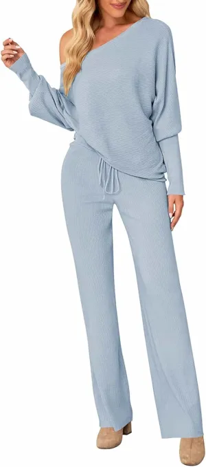 Linsery Women 2 Piece Sweater Sets High Neck Knitted Pullover Wide Leg Casual Sweatsuit