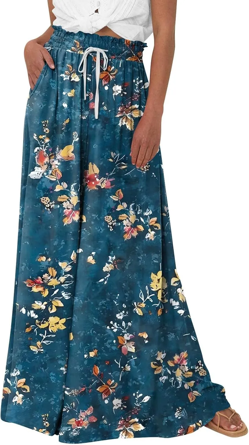 Loose Pants for Women Baggy Boho High Waisted Bohemian Print Flowy Loose Fit Plus Size Wide Leg Trousers