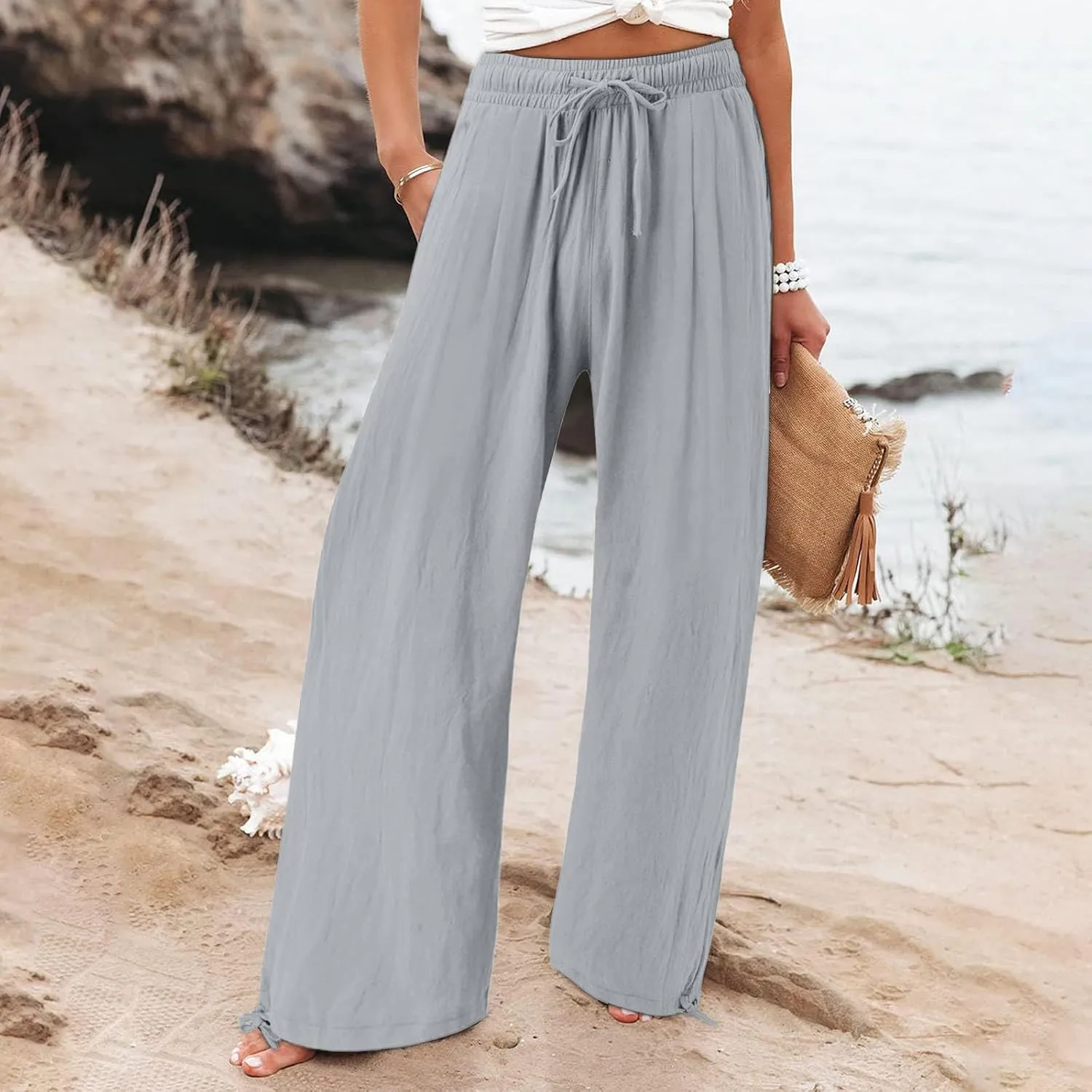 Lounge Pants for Women Loose Fit 2025 Baggy Y2K Summer Stretchy Boho Beach Pants Resort Wear Beach Trendy Palazzo Trousers