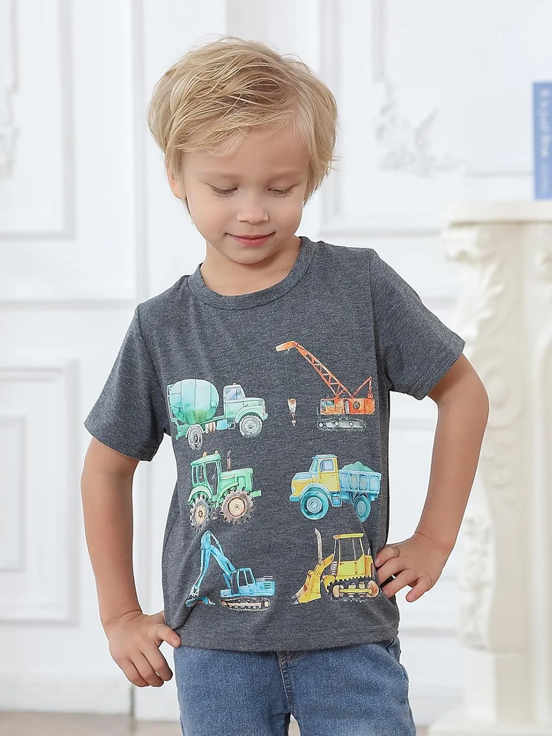 Lovekider Construction Shirt for 3-6T Boys Funny Truck Toddler Kids T-Shirt Short Sleeve Car Tractor Excavator Tee Shirts