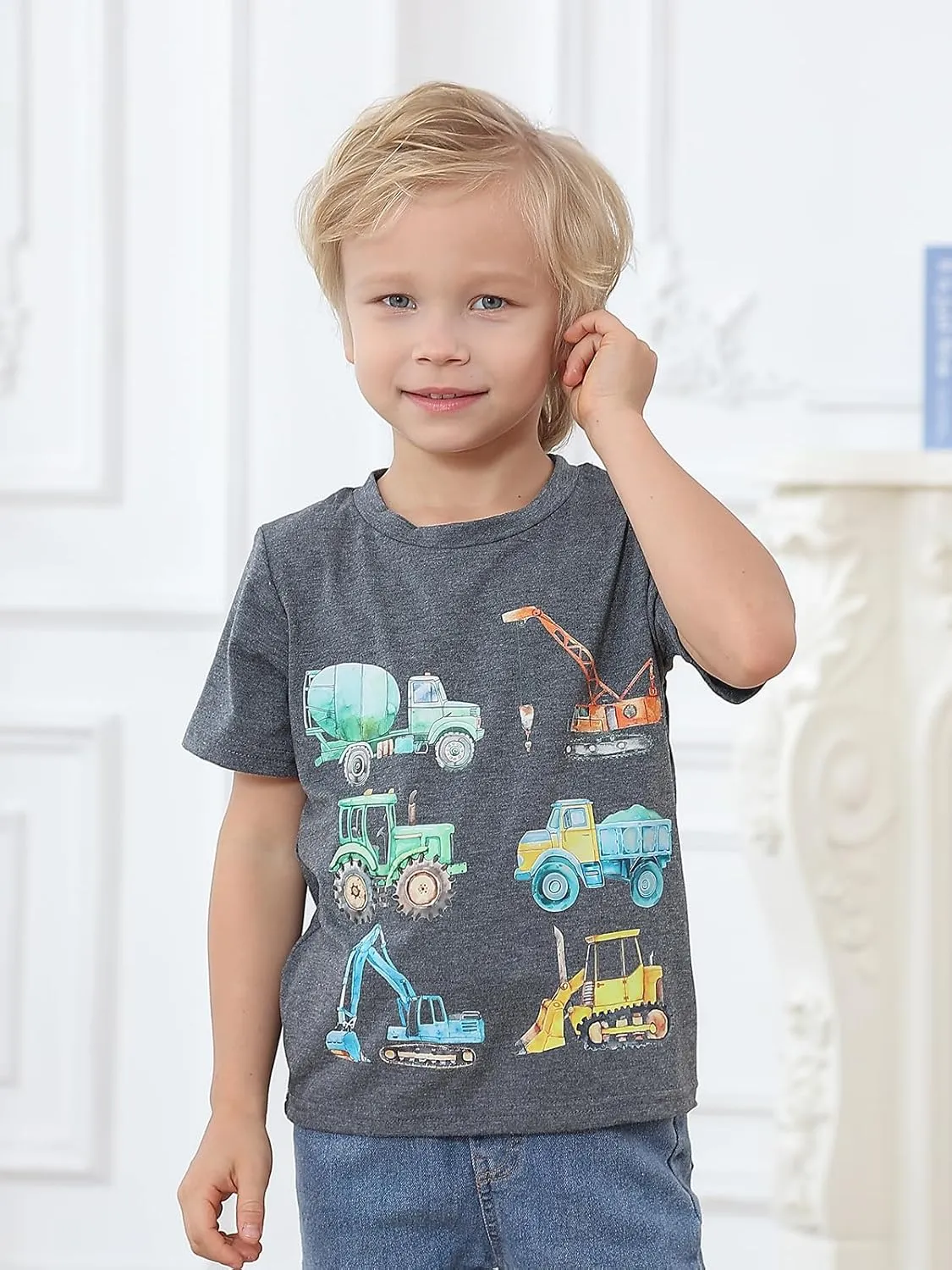 Lovekider Construction Shirt for 3-6T Boys Funny Truck Toddler Kids T-Shirt Short Sleeve Car Tractor Excavator Tee Shirts