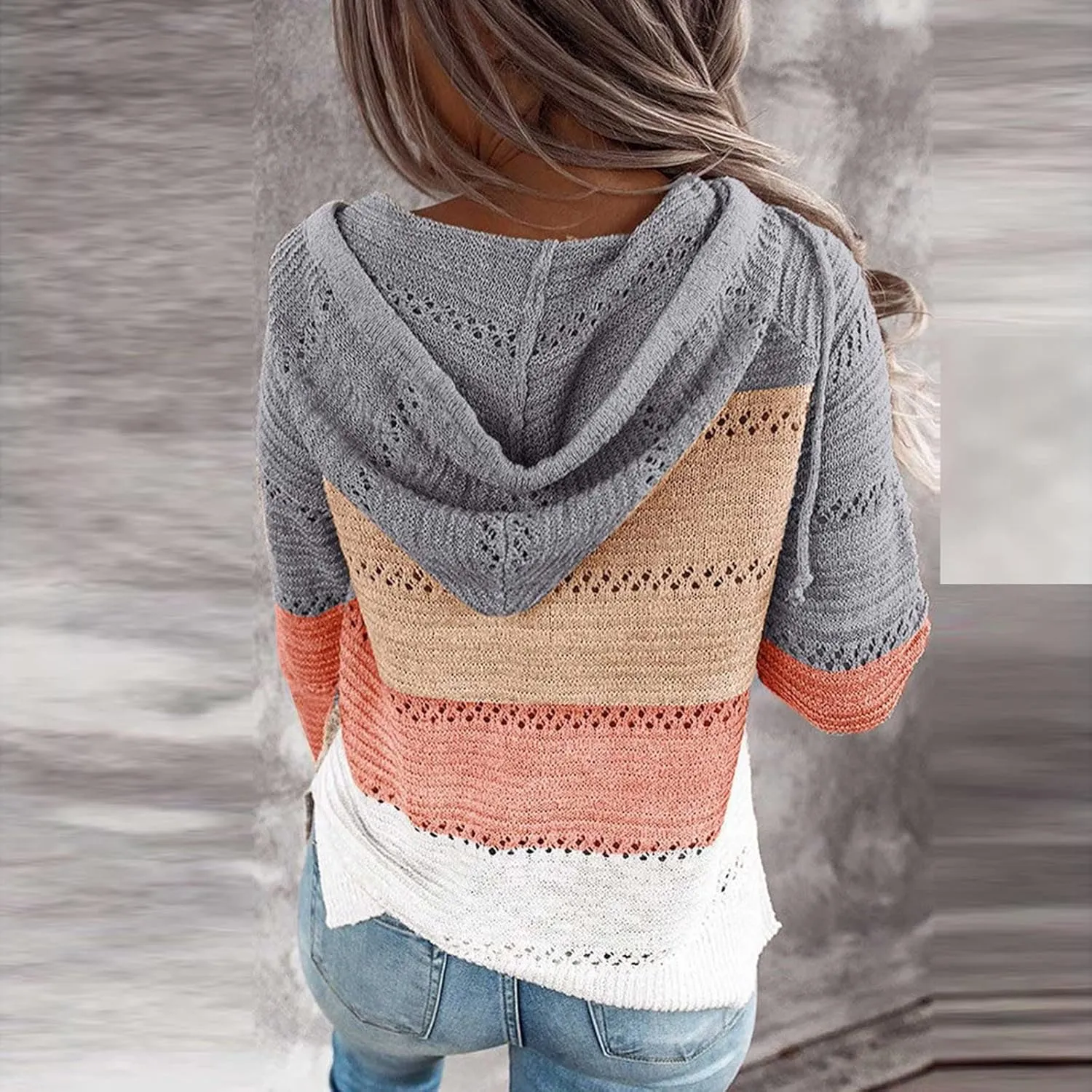 LRMQS Womens Fall Fashion 2024 Color Block Drawstring Hoodies Sweater Trendy Casual Loose Cute Knit Pullover Winter Clothes