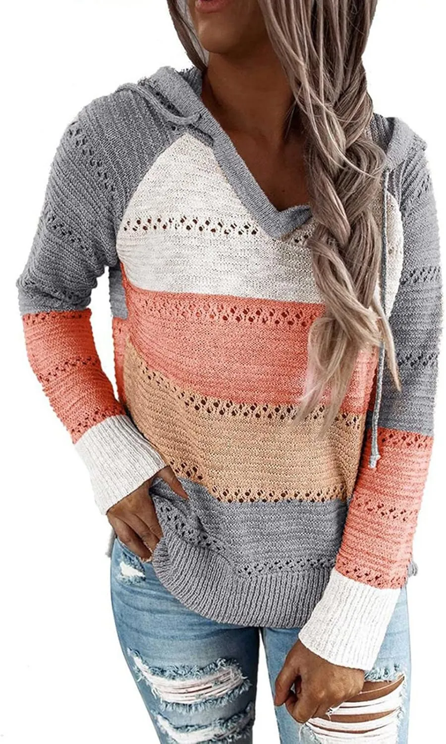 LRMQS Womens Fall Fashion 2024 Color Block Drawstring Hoodies Sweater Trendy Casual Loose Cute Knit Pullover Winter Clothes