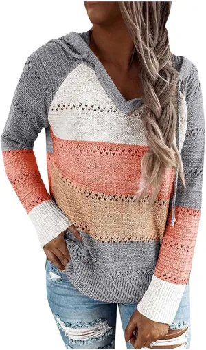 LRMQS Womens Fall Fashion 2024 Color Block Drawstring Hoodies Sweater Trendy Casual Loose Cute Knit Pullover Winter Clothes