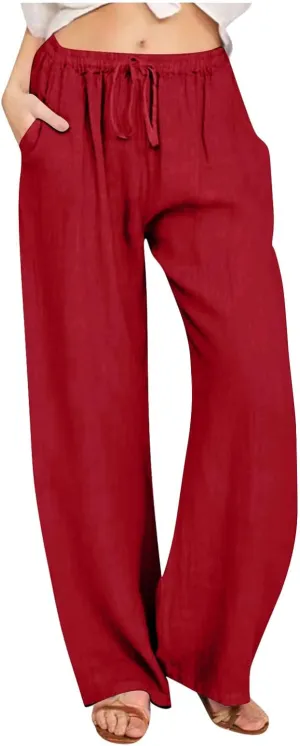 LRMQS Womens Pants Casual Trendy 2024 Spring Drawstring Loose Fit Trouser Lounge Beach Straight Linen Wide Leg Palazzo Outfit