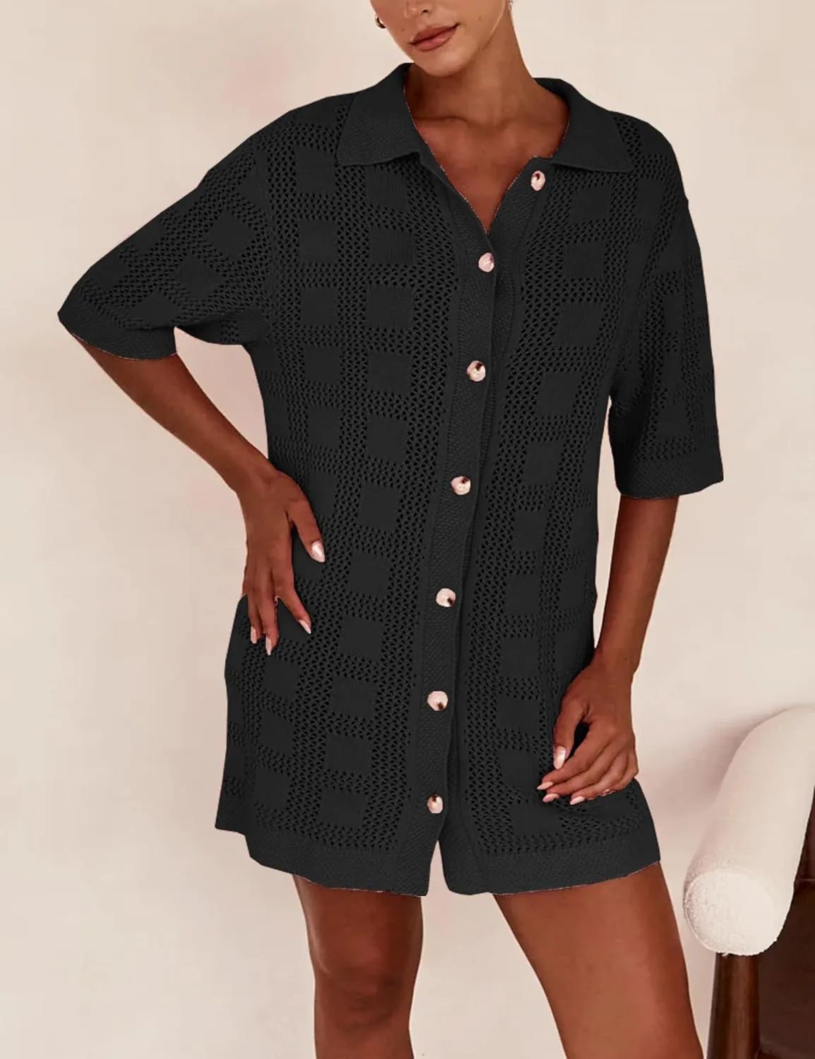 Lumister Summer Knit Shirt Dress for Women Crochet Button Front Shirt Dress Cover Up Bathing Suit Swimwear Knit Beach Dress