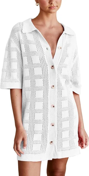 Lumister Summer Knit Shirt Dress for Women Crochet Button Front Shirt Dress Cover Up Bathing Suit Swimwear Knit Beach Dress