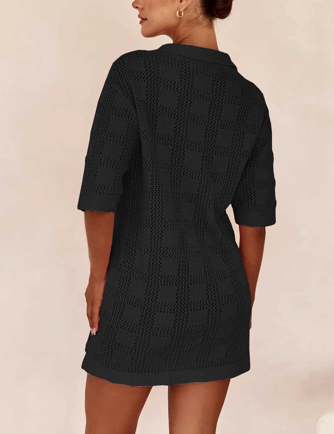 Lumister Summer Knit Shirt Dress for Women Crochet Button Front Shirt Dress Cover Up Bathing Suit Swimwear Knit Beach Dress