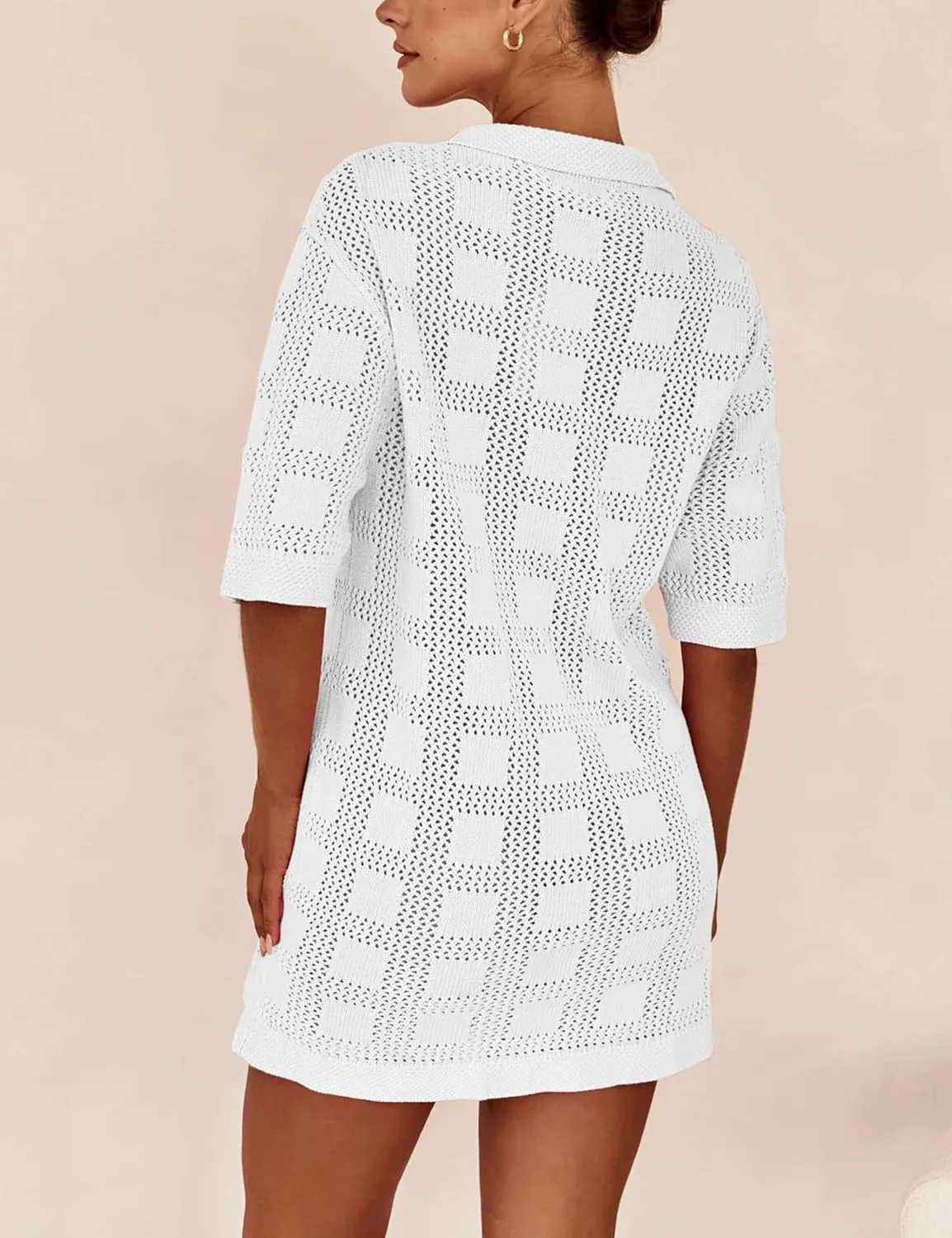Lumister Summer Knit Shirt Dress for Women Crochet Button Front Shirt Dress Cover Up Bathing Suit Swimwear Knit Beach Dress