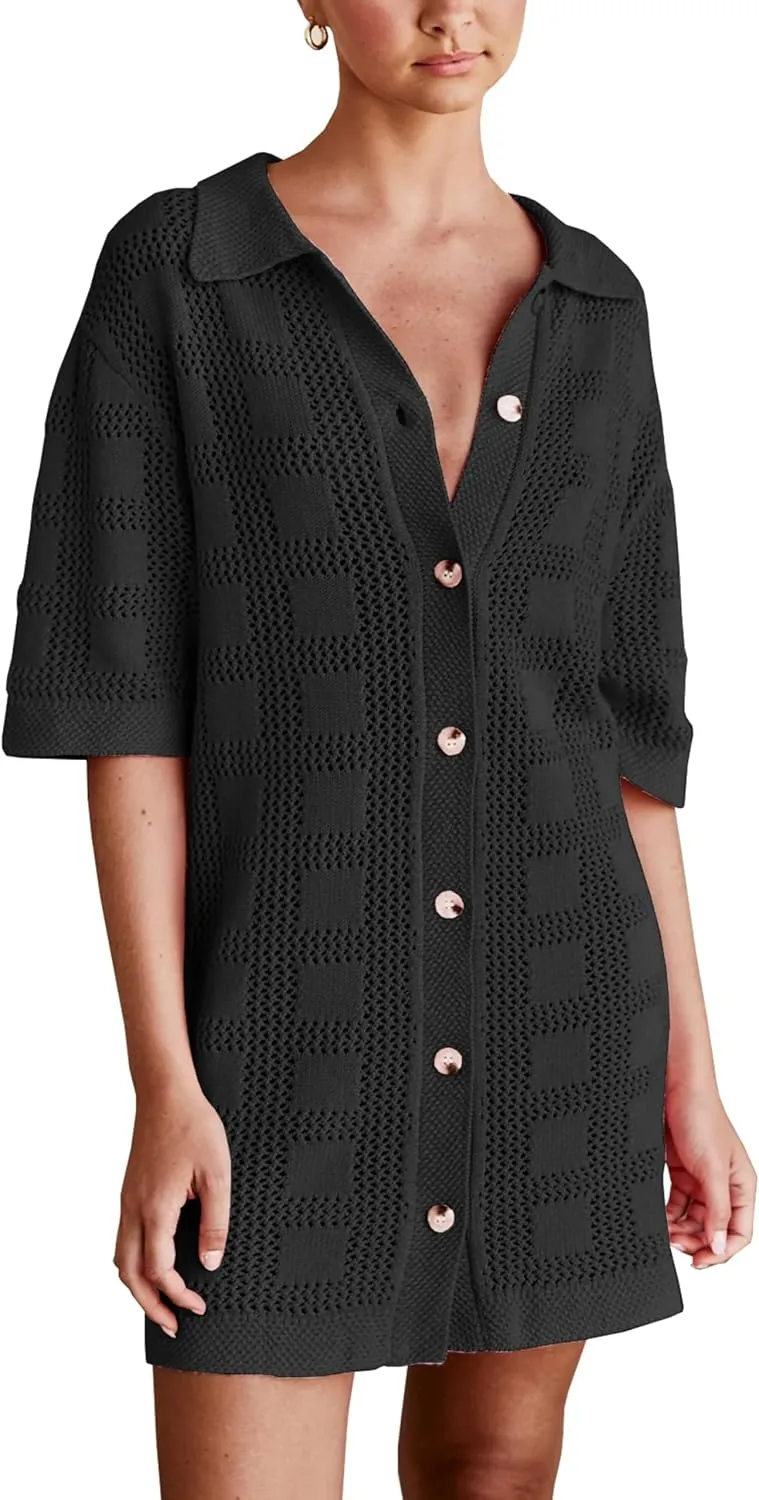 Lumister Summer Knit Shirt Dress for Women Crochet Button Front Shirt Dress Cover Up Bathing Suit Swimwear Knit Beach Dress