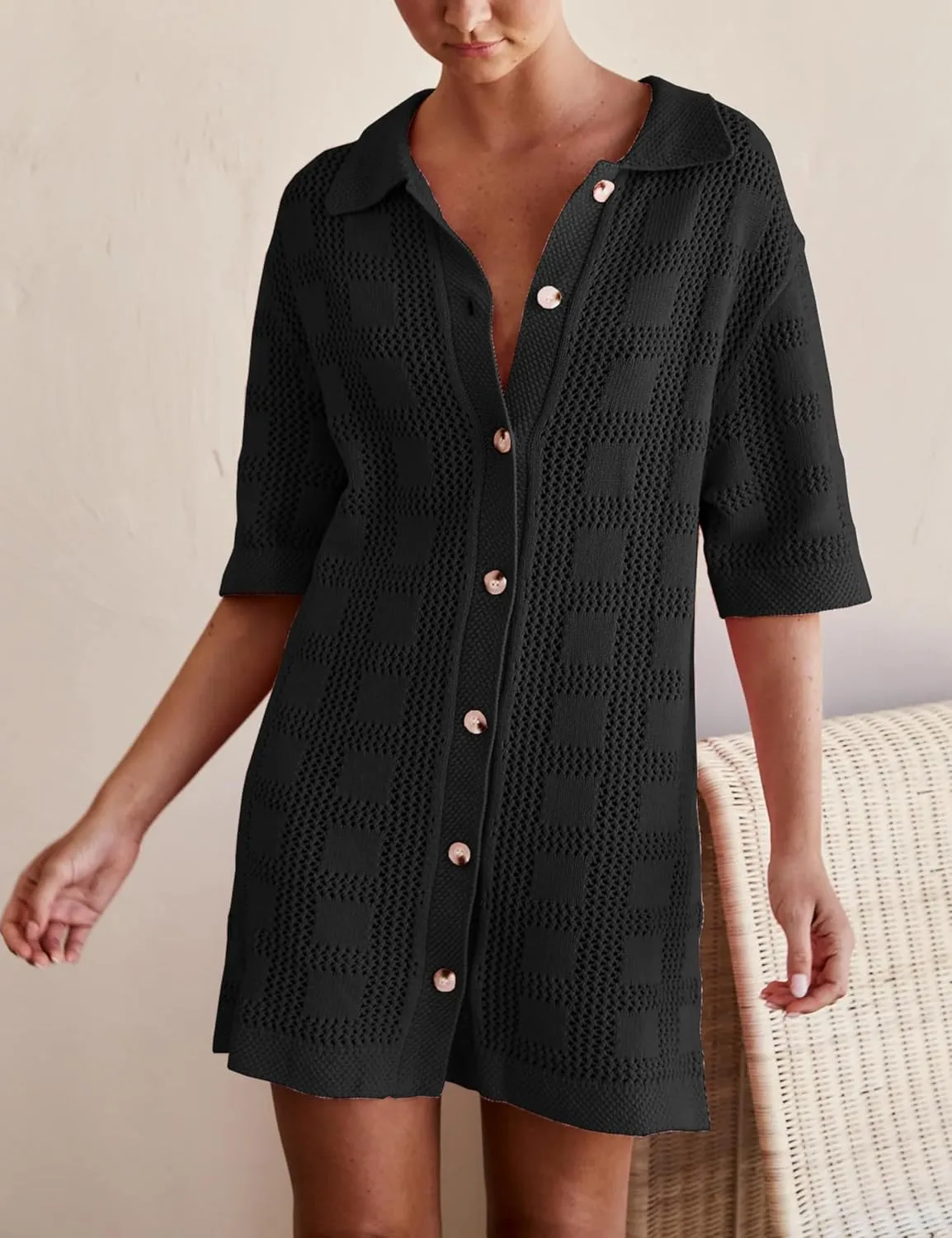Lumister Summer Knit Shirt Dress for Women Crochet Button Front Shirt Dress Cover Up Bathing Suit Swimwear Knit Beach Dress