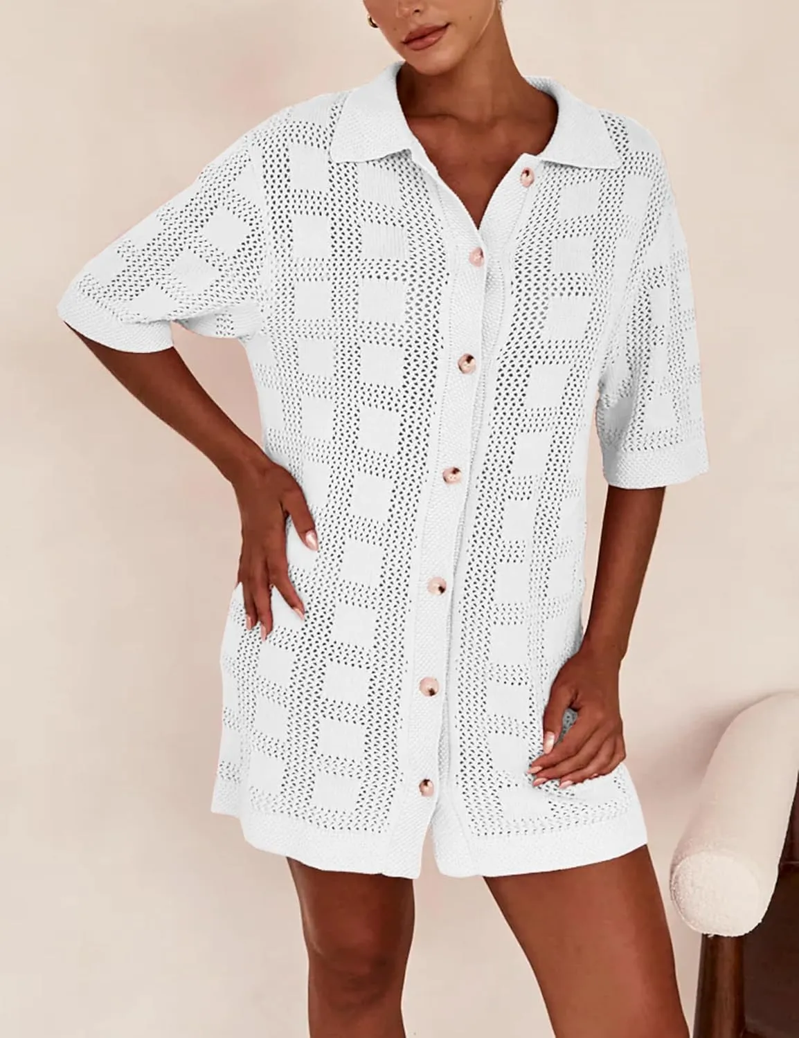 Lumister Summer Knit Shirt Dress for Women Crochet Button Front Shirt Dress Cover Up Bathing Suit Swimwear Knit Beach Dress
