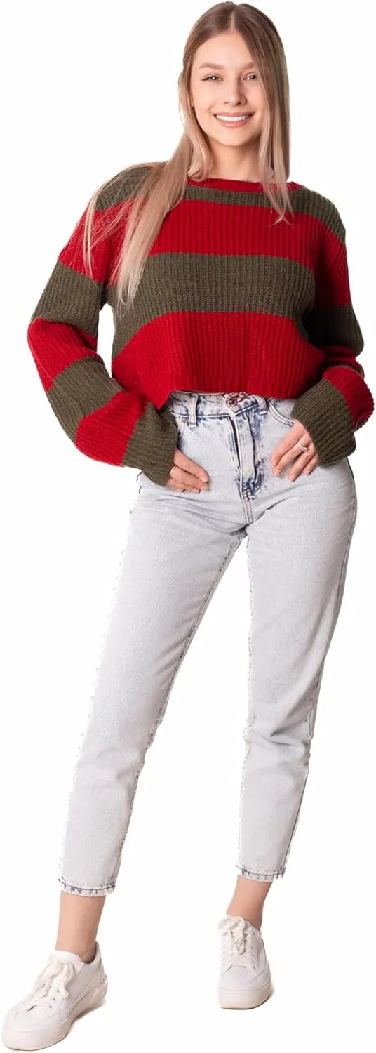 Madore Red and Green Striped Sweater Cropped Women - Plus Nightmare Knit Crop Top Halloween Costume Cosplay