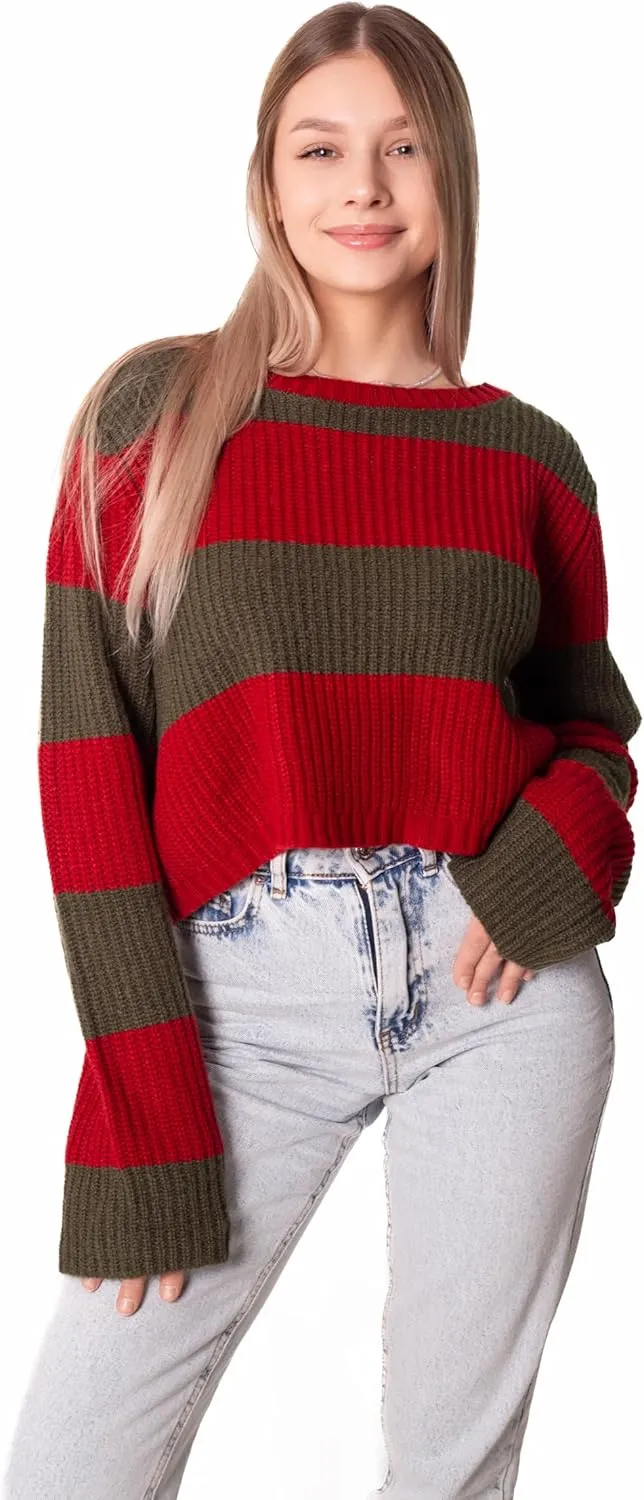 Madore Red and Green Striped Sweater Cropped Women - Plus Nightmare Knit Crop Top Halloween Costume Cosplay