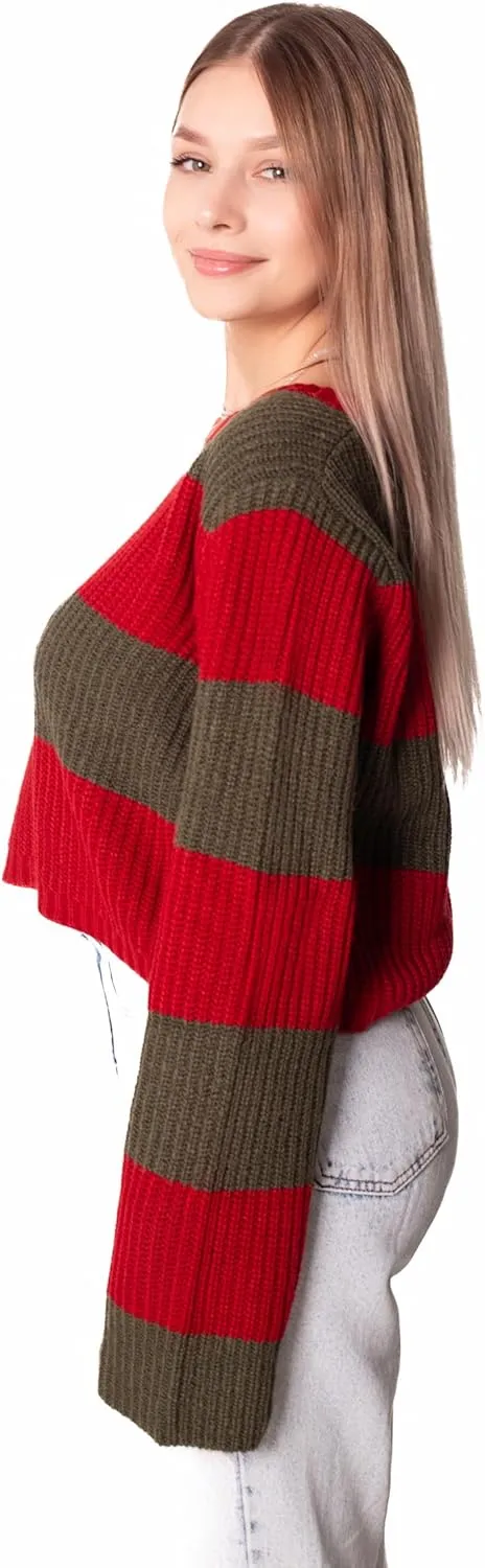 Madore Red and Green Striped Sweater Cropped Women - Plus Nightmare Knit Crop Top Halloween Costume Cosplay