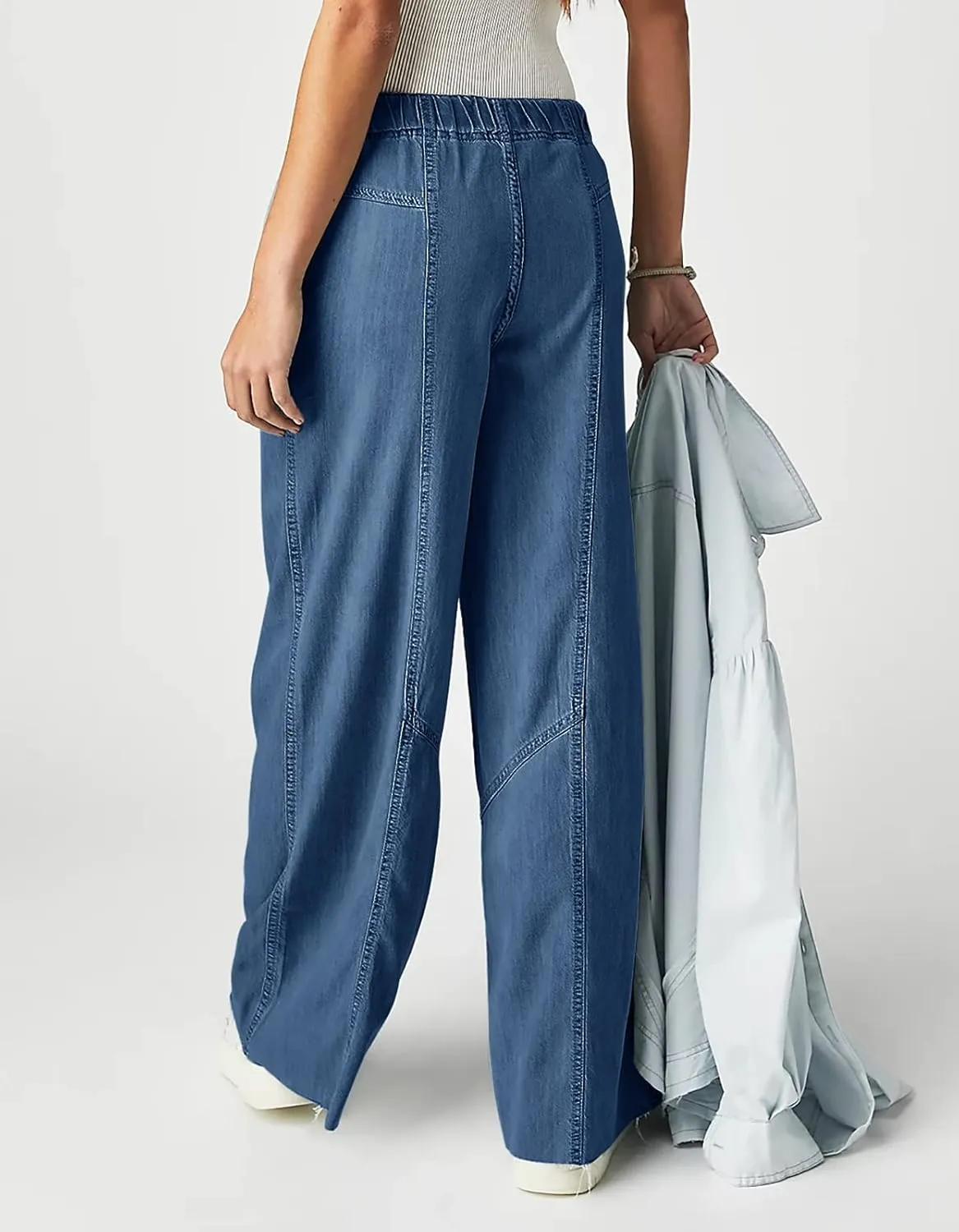 Mafulus Women's Wide Leg Jeans Elastic High Waisted Baggy Jeans Loose Fit Seemed Front Denim Pants