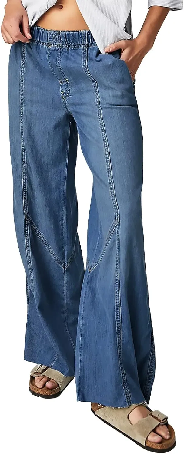 Mafulus Women's Wide Leg Jeans Elastic High Waisted Baggy Jeans Loose Fit Seemed Front Denim Pants