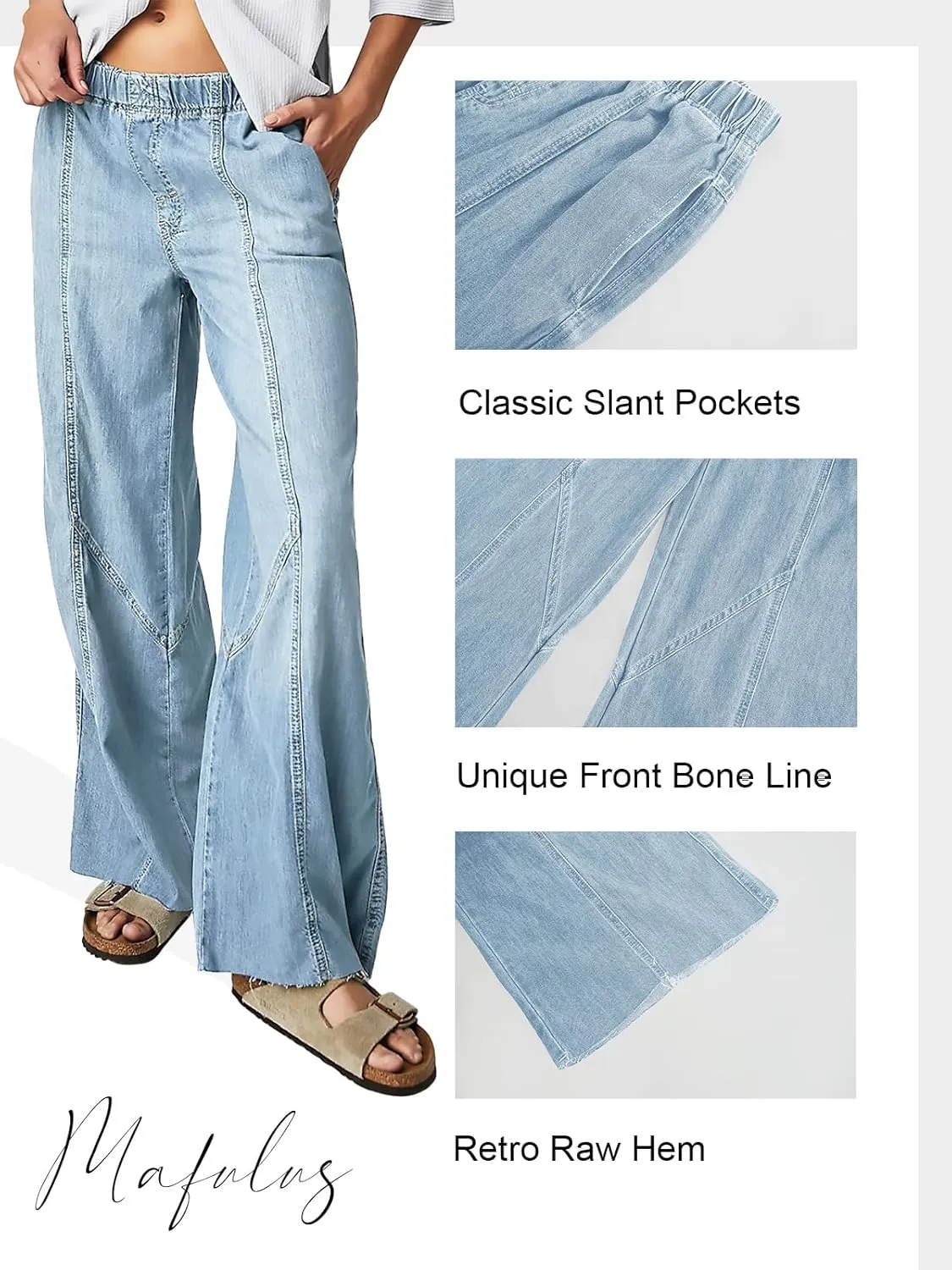 Mafulus Women's Wide Leg Jeans Elastic High Waisted Baggy Jeans Loose Fit Seemed Front Denim Pants