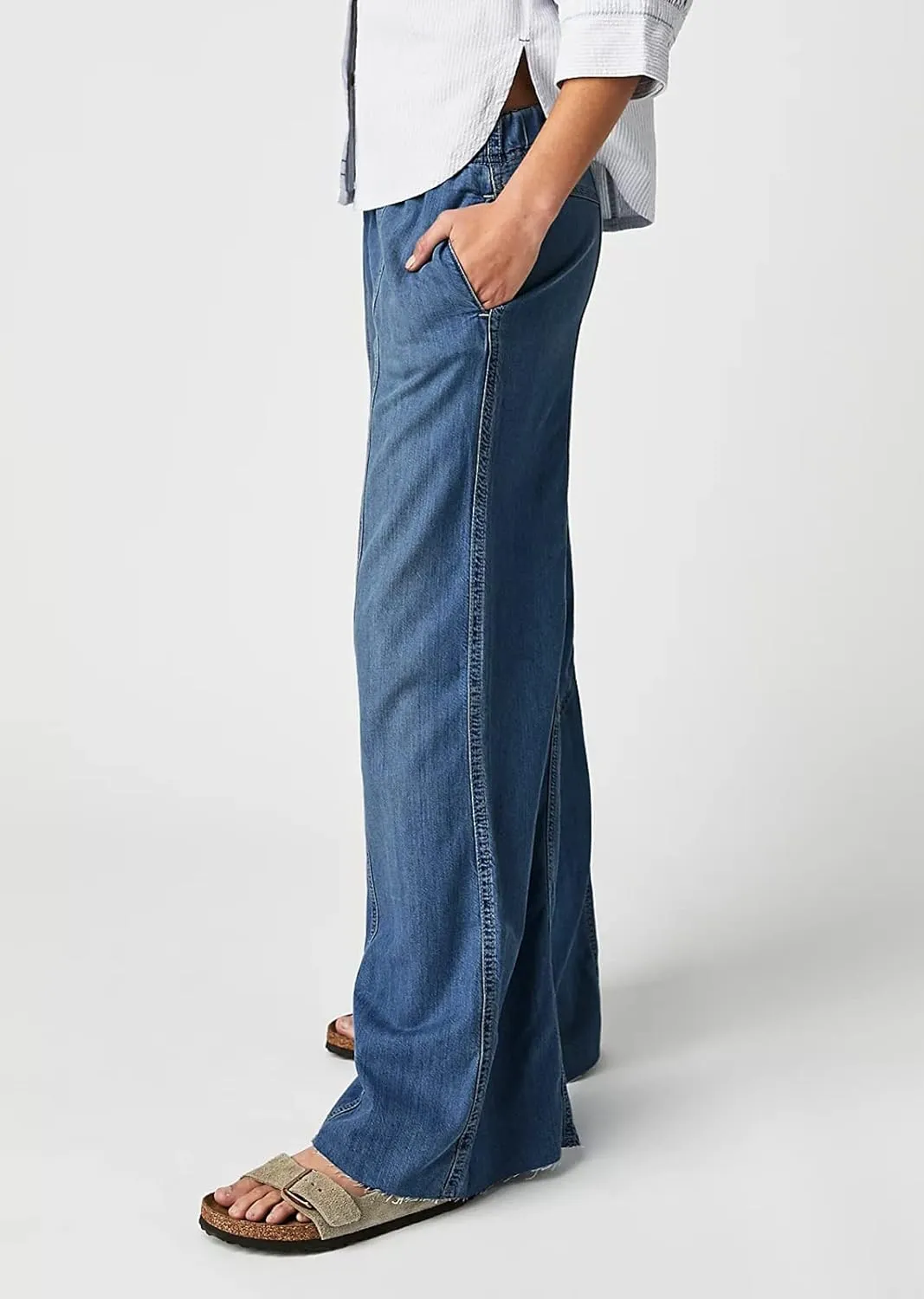 Mafulus Women's Wide Leg Jeans Elastic High Waisted Baggy Jeans Loose Fit Seemed Front Denim Pants