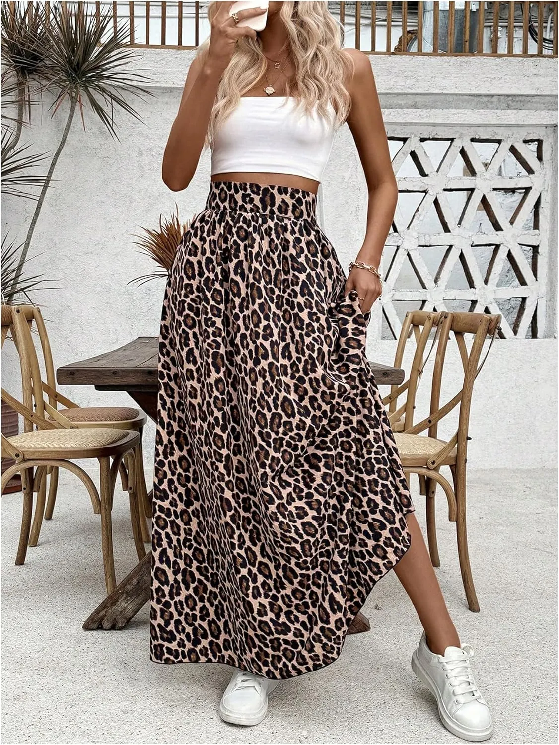 MakeMeChic Women's Leopard Print High Waist Long Skirt A Line Flowy Maxi Skirts