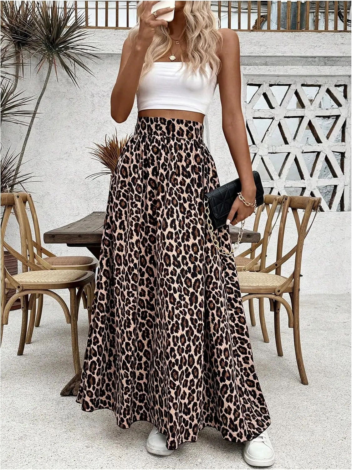MakeMeChic Women's Leopard Print High Waist Long Skirt A Line Flowy Maxi Skirts