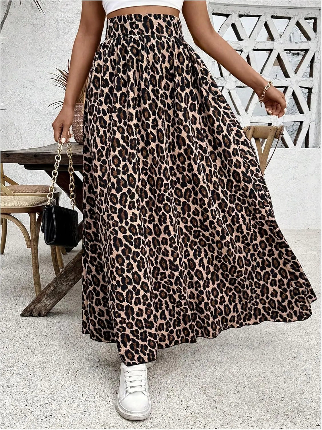 MakeMeChic Women's Leopard Print High Waist Long Skirt A Line Flowy Maxi Skirts