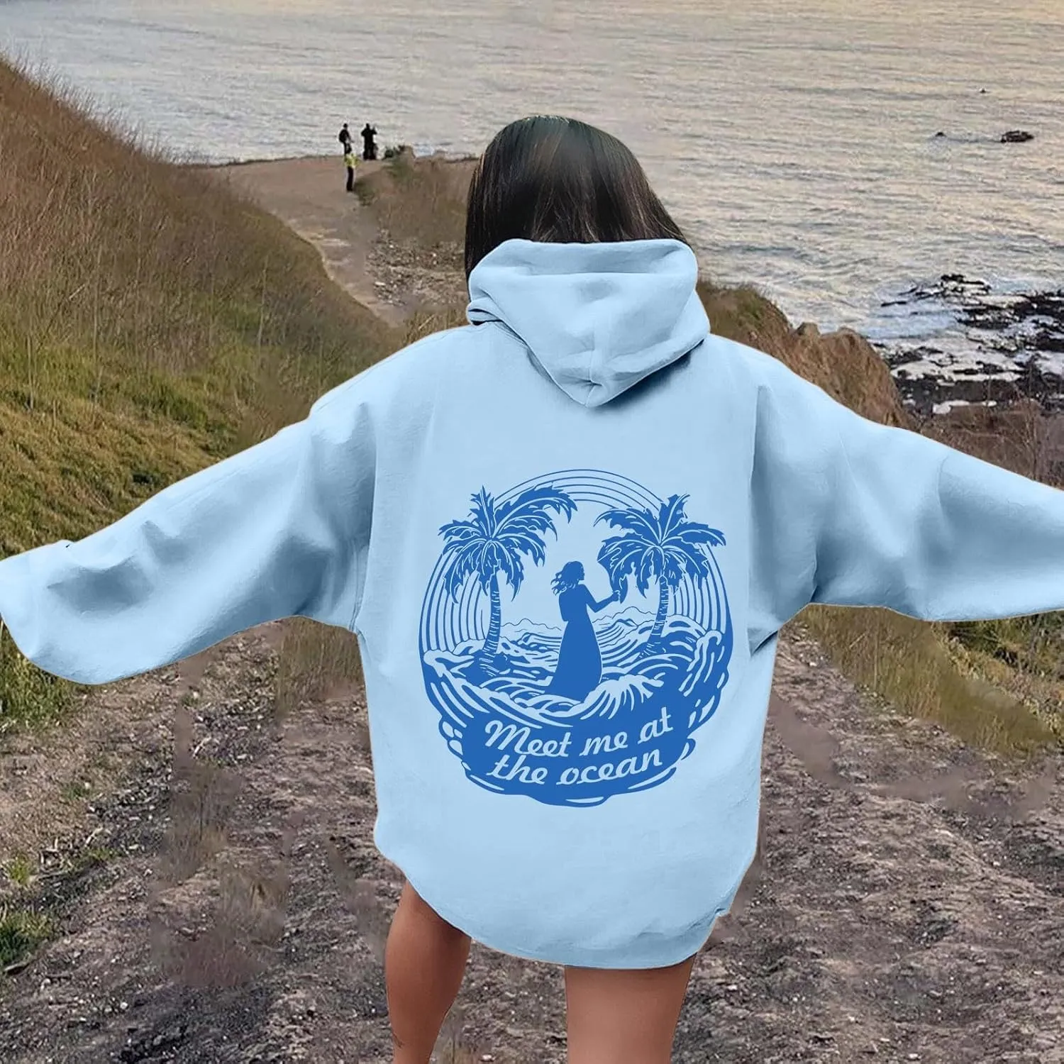 Meet Me at The Ocean Graphic Hoodie For Women Long Sleeve Preppy Sweatshirts Oversized Pullover Hoodies for Teen Girls