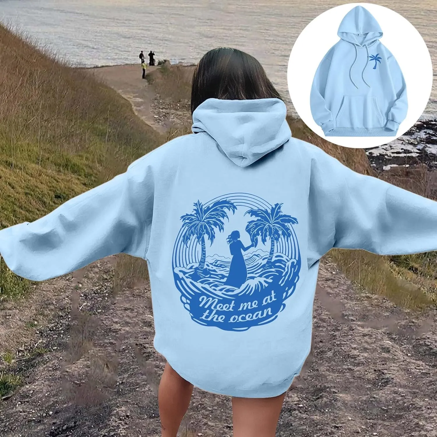 Meet Me at The Ocean Graphic Hoodie For Women Long Sleeve Preppy Sweatshirts Oversized Pullover Hoodies for Teen Girls