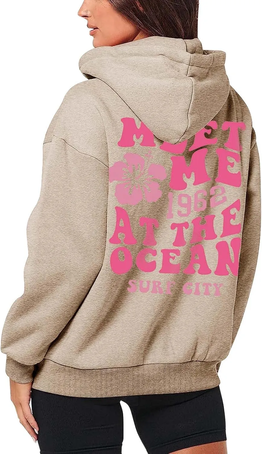 Meet Me at The Ocean Hoodies for Women Casual Letter Graphic Zip Up Hoodie with Pockets Drawstring Y2K Hooded Sweatshirts