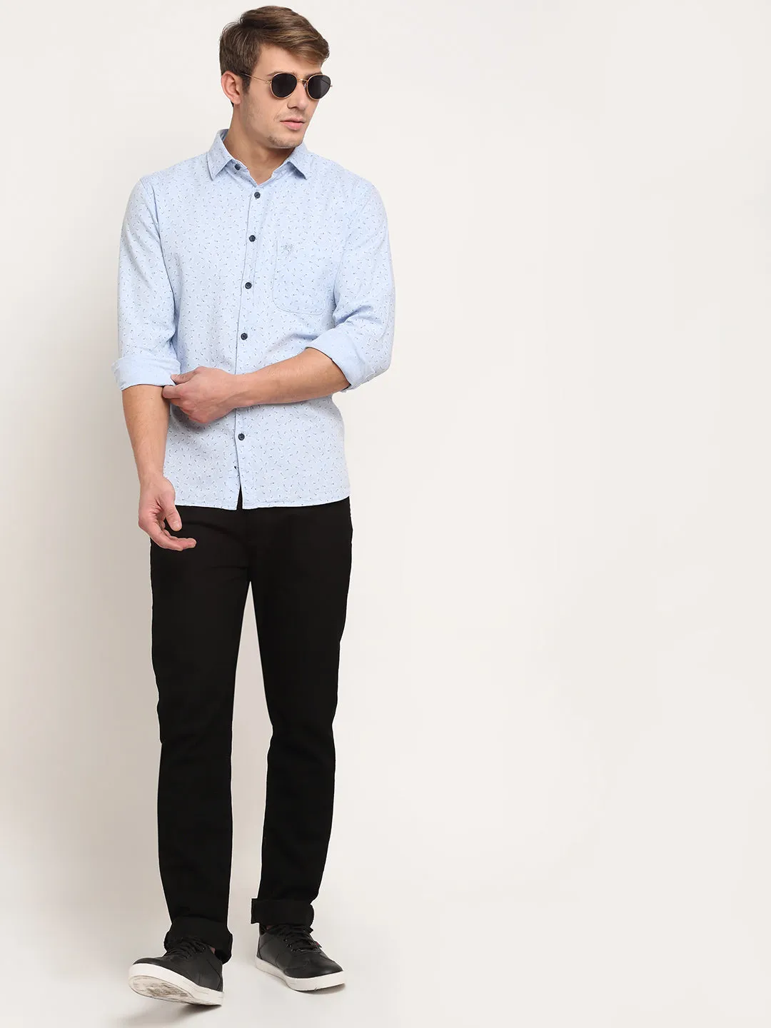 Men Cotton Printed Sky Blue Full Sleeve Casual Shirt for Men with Pocket