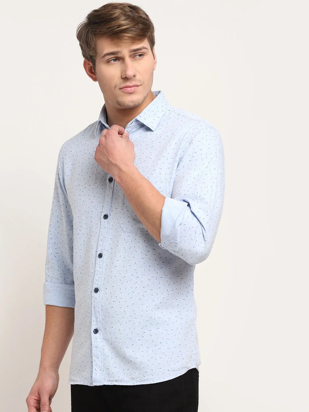 Men Cotton Printed Sky Blue Full Sleeve Casual Shirt for Men with Pocket