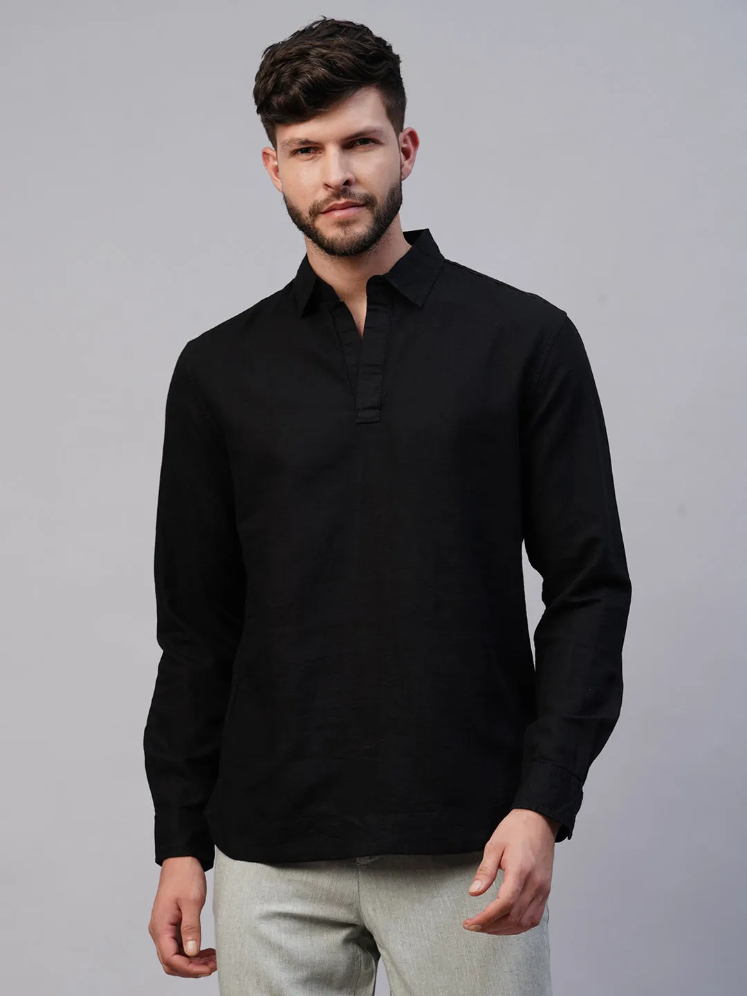 Men's Black 100% Linen Regular Fit Kurta Shirt