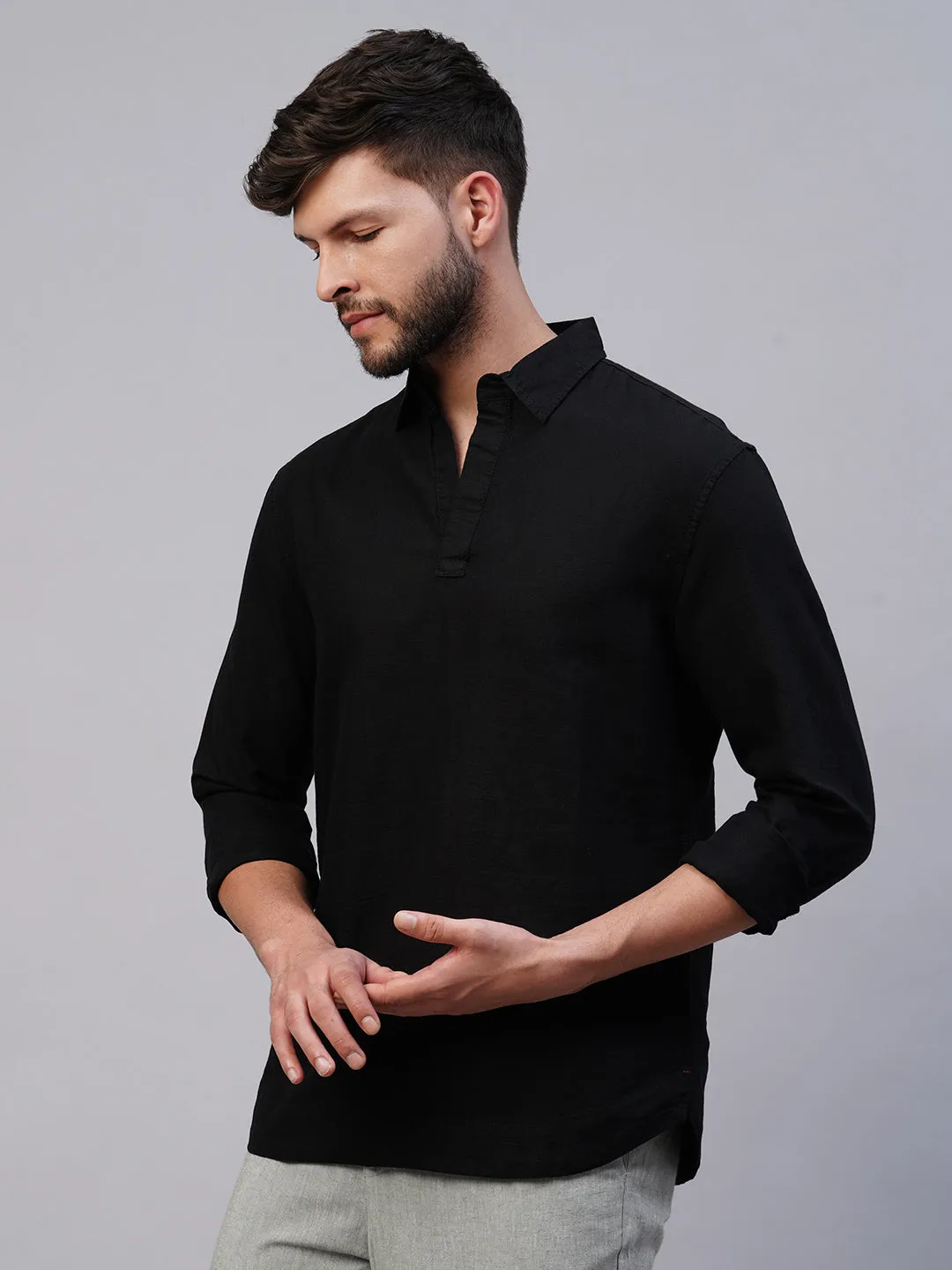 Men's Black 100% Linen Regular Fit Kurta Shirt